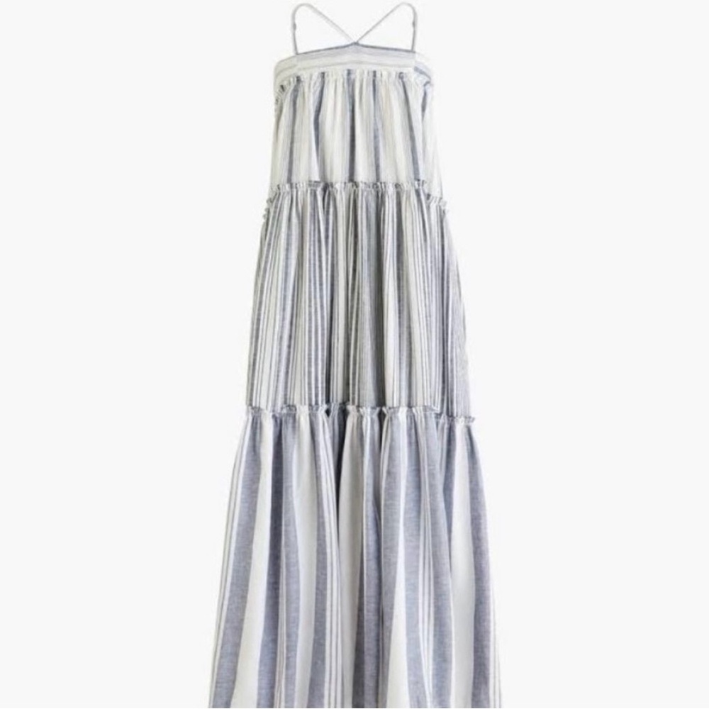 Jcrew Striped White and Light Blue Tiered Maxi Dress